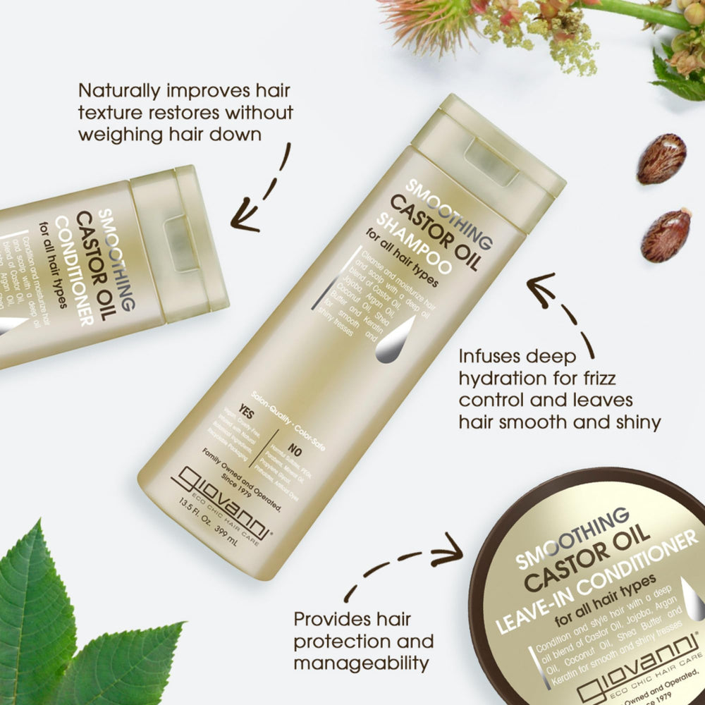 GIOVANNI Smoothing Castor Oil Shampoo label highlights vegan cruelty-free credentials