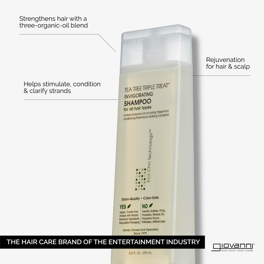 GIOVANNI Tea Tree Invigorating Shampoo ingredients reveal tea tree and peppermint for cooling freshness.