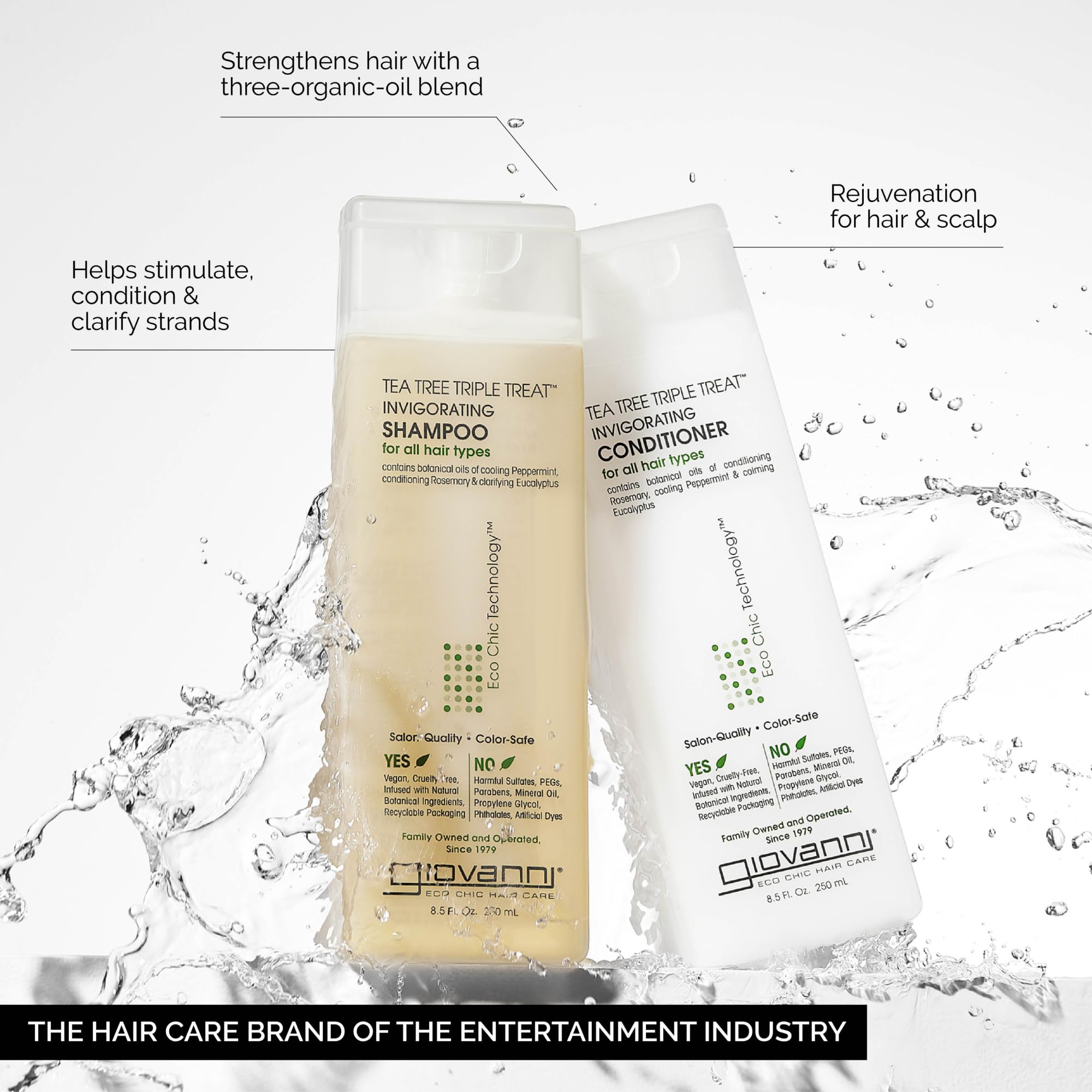 GIOVANNI Tea Tree Triple Treat conditioner bottle close-up for smoothing detangling curls.