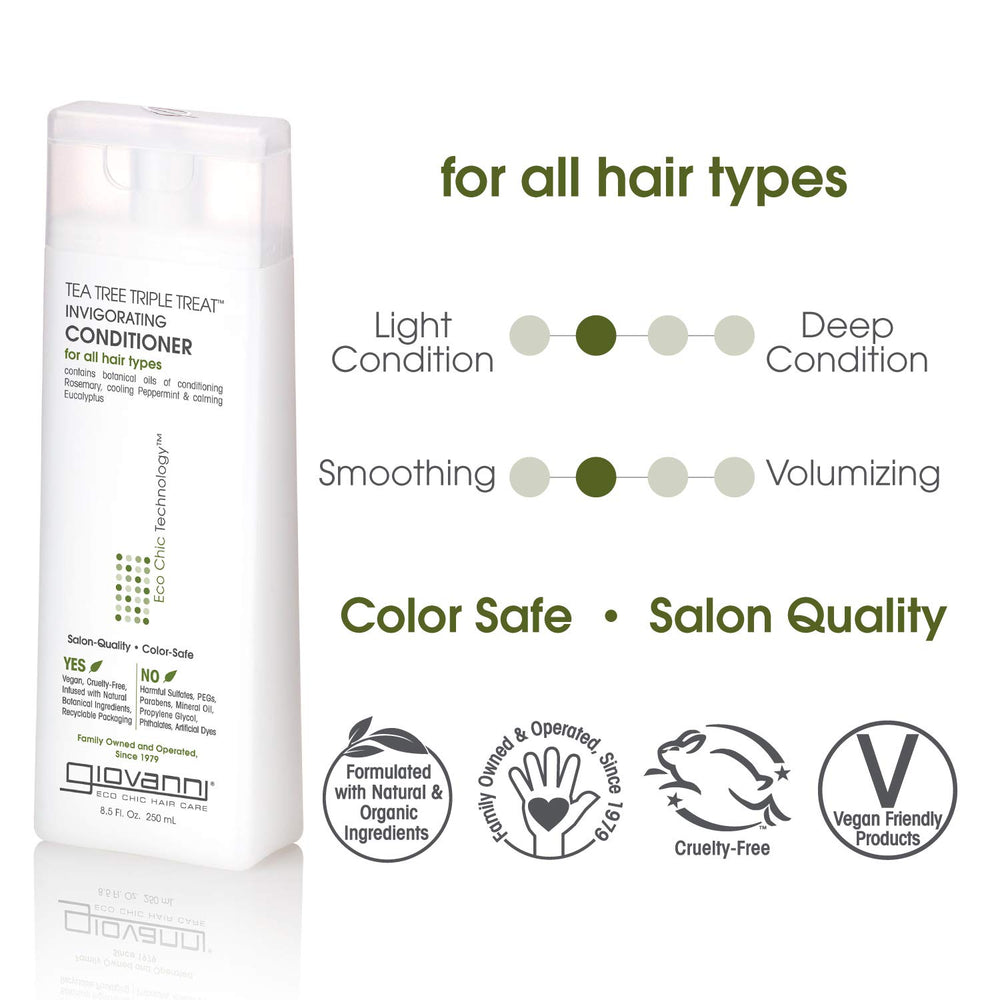 GIOVANNI Tea Tree Triple Treat conditioner label closeup with vegan and cruelty-free cues