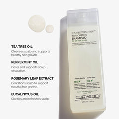 GIOVANNI Tea Tree Triple Treat ingredients image highlights rosemary and eucalyptus aroma benefits.