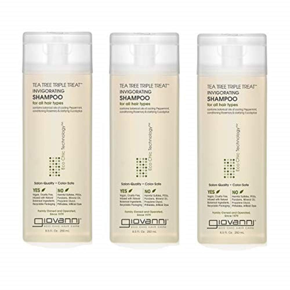GIOVANNI Tea Tree Triple Treat shampoo bottle with peppermint cooling for scalp refresh.