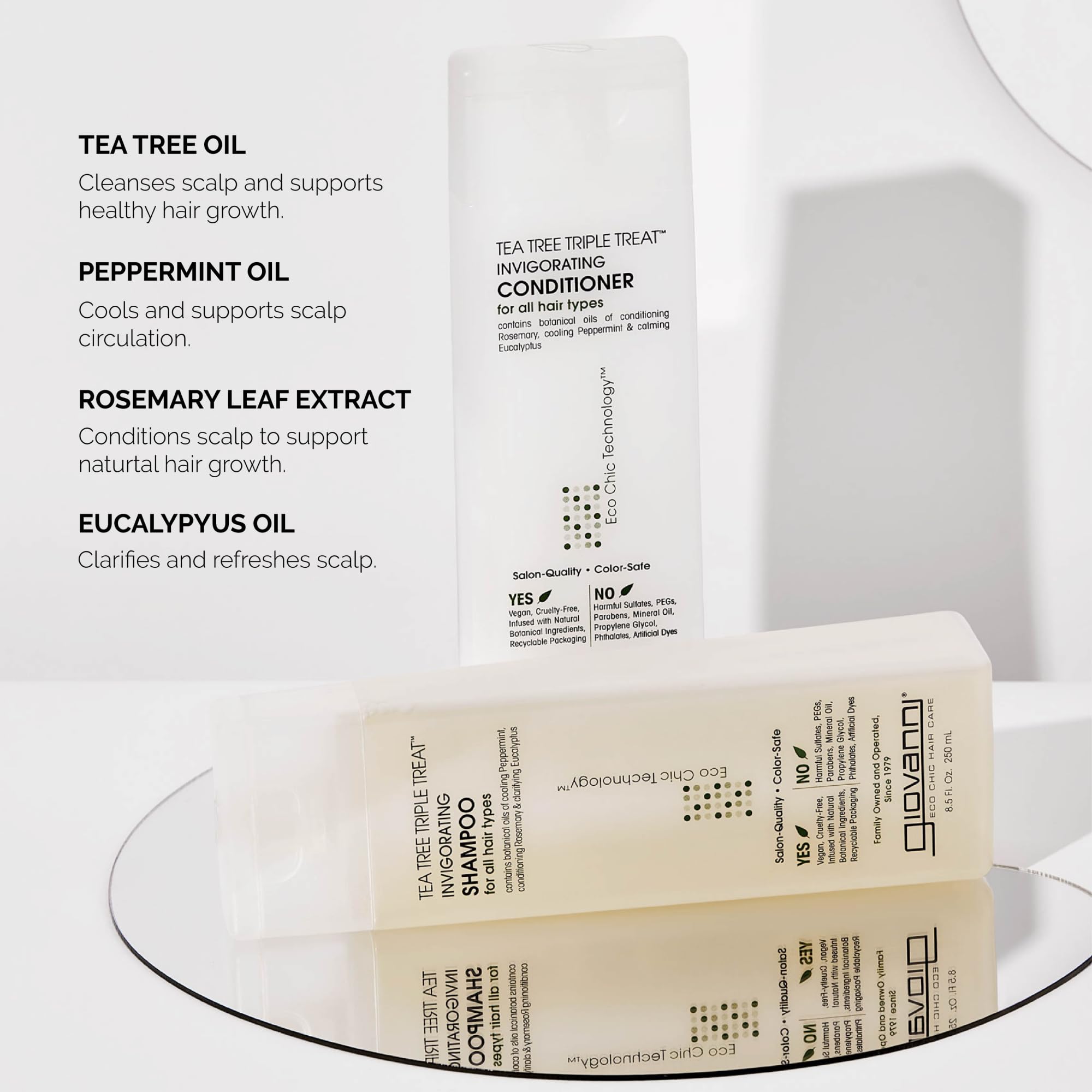 GIOVANNI Tea Tree Triple Treat shampoo in hand with cooling peppermint scent for scalp refreshment.