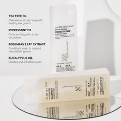 GIOVANNI Tea Tree Triple Treat shampoo in hand with cooling peppermint scent for scalp refreshment.