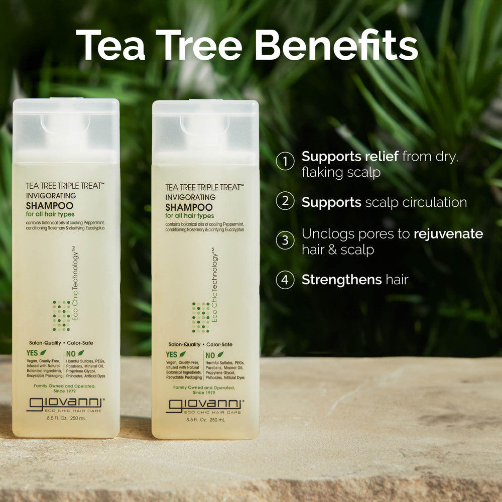 GIOVANNI Tea Tree Triple Treat cruelty-free badge on packaging signals ethical beauty.