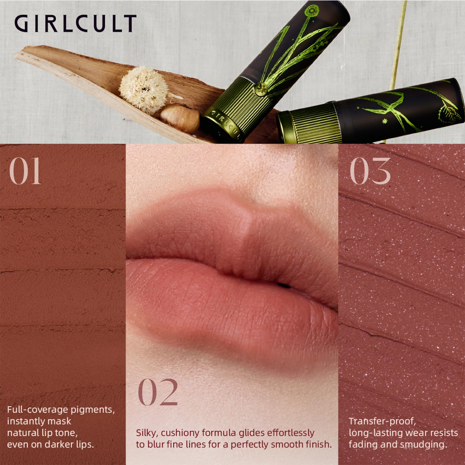 GirlCult Matte Lipstick S07 velvet finish delivers a soft, luxury look.