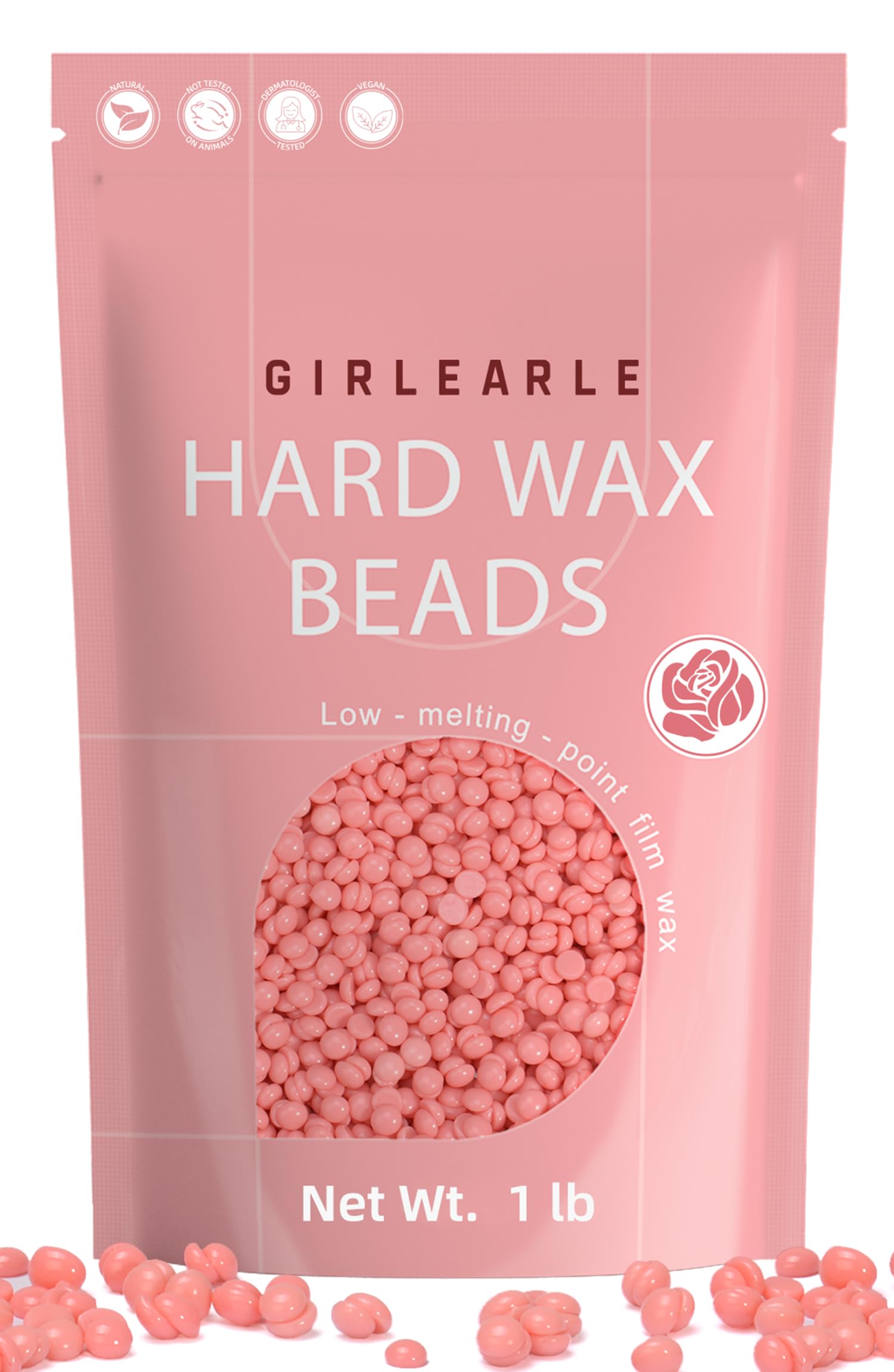 GIRLEARLE hard wax beads rose formula close-up in a 1lb pack for at-home waxing.
