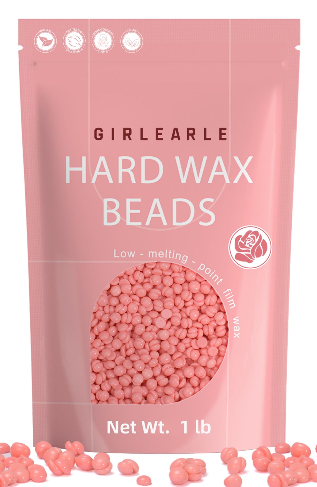 GIRLEARLE hard wax beads rose formula close-up in a 1lb pack for at-home waxing.