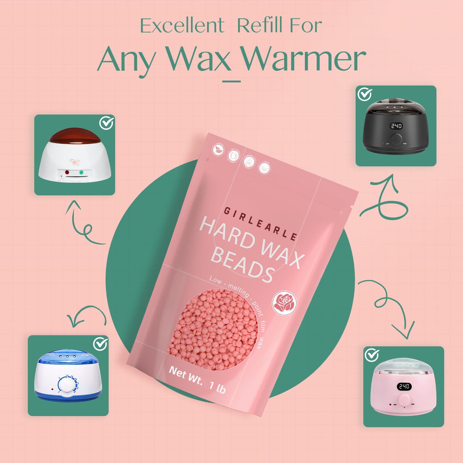 GIRLEARLE at-home waxing setup compatible with all GIRLEARLE heaters.