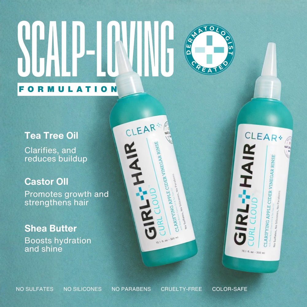 GIRL+HAIR back label of CLEAR+ listing ingredients and usage instructions
