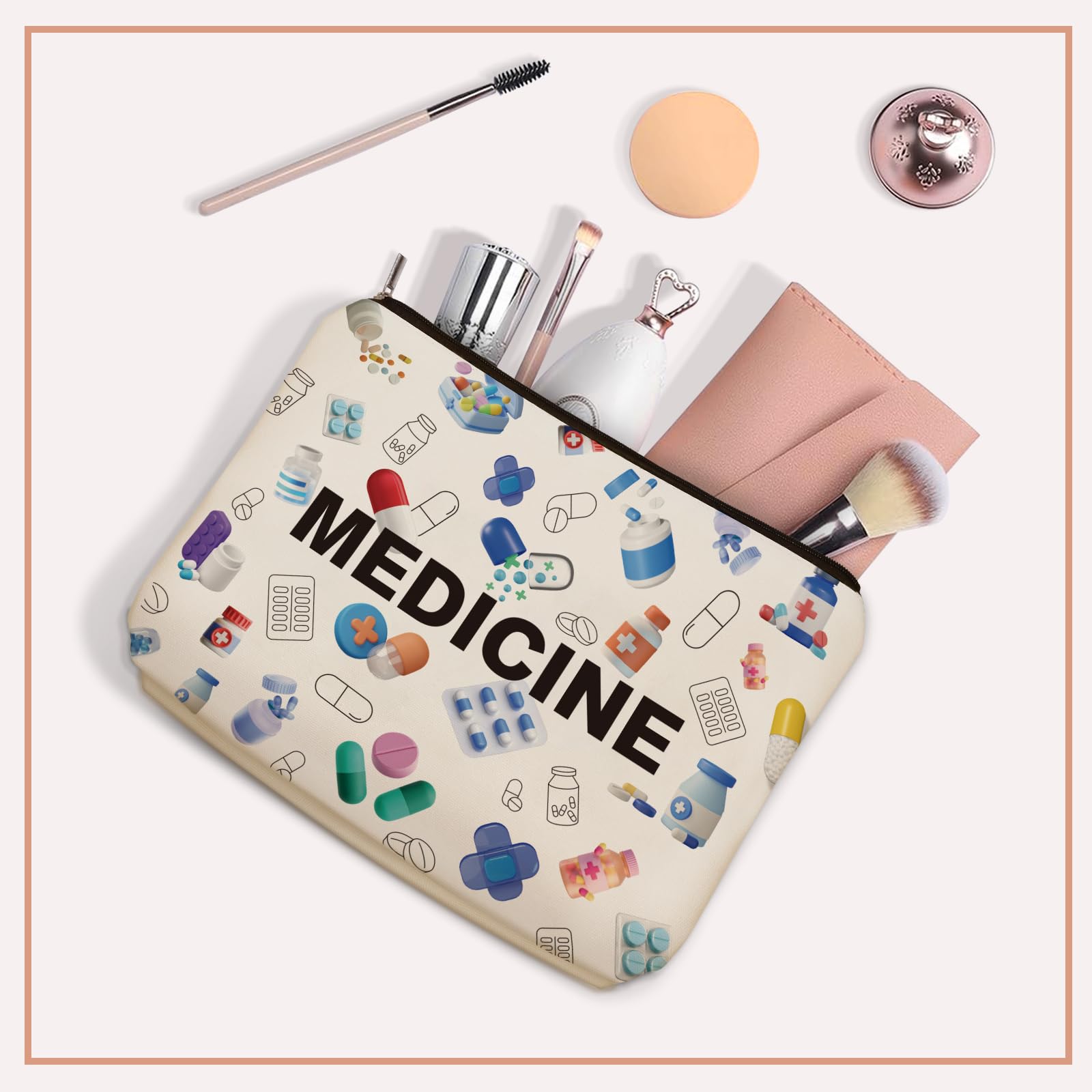 Girlly Medicine Makeup Bag measures 9.05 by 6.7 inches for cosmetics.