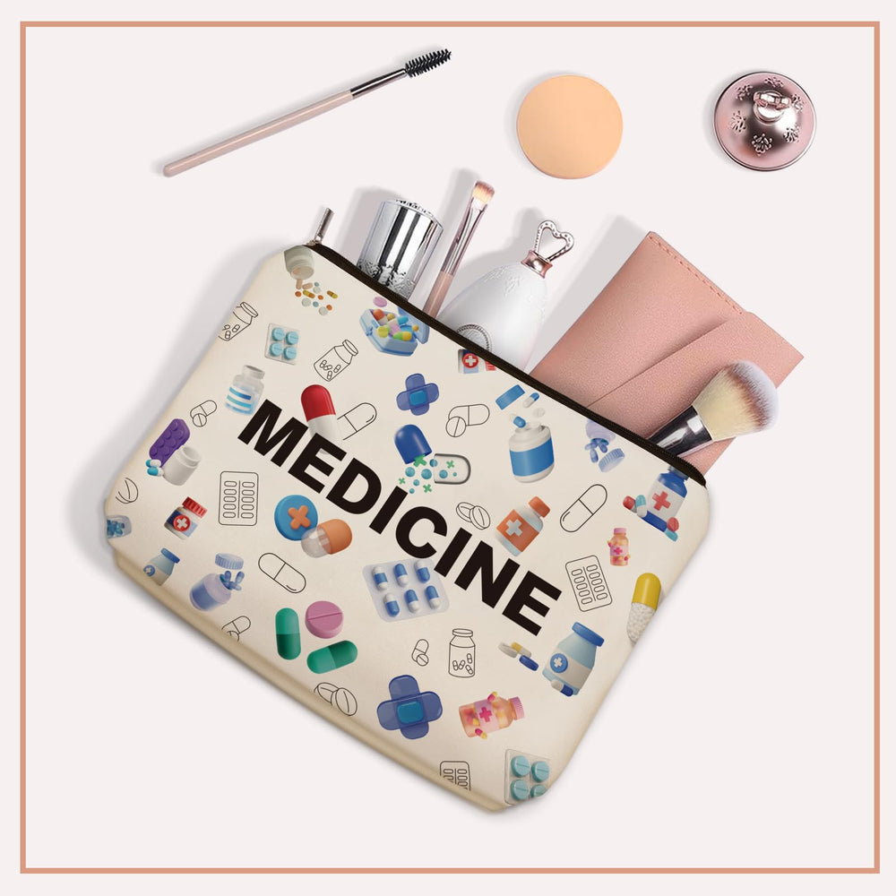 Girlly Medicine Makeup Bag measures 9.05 by 6.7 inches for cosmetics.