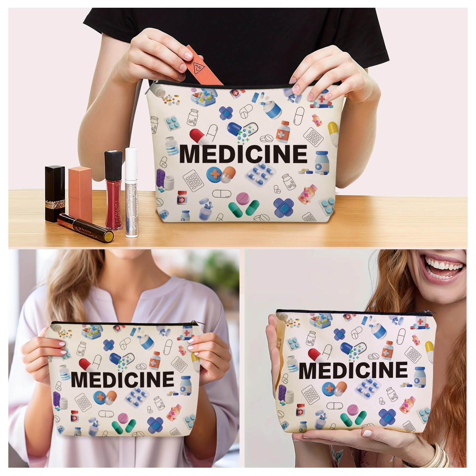 Girlly Medicine Makeup Bag waterproof exterior keeps contents protected on trips.
