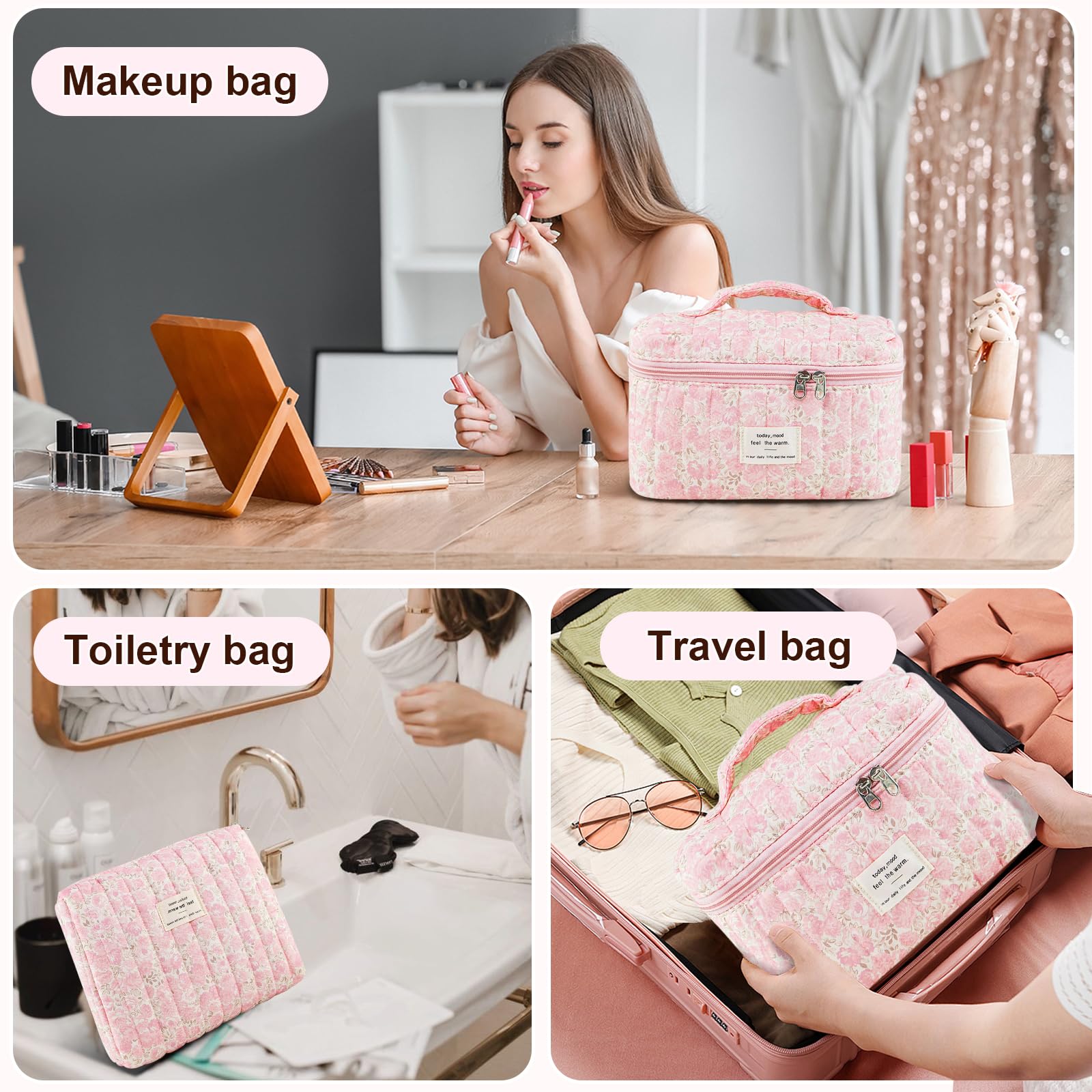 GISMTR cotton quilted makeup bag highlighting soft touch fabric and easy care.