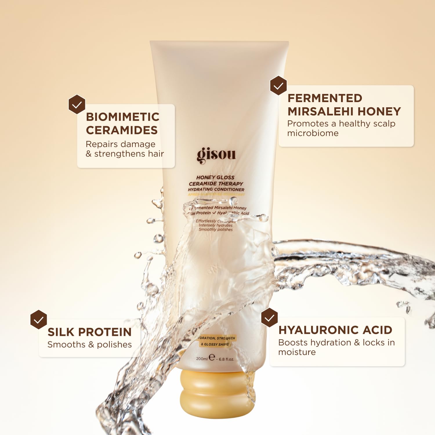 Gisou Honey Gloss conditioner application scene demonstrates detangling ease and slip for easy styling