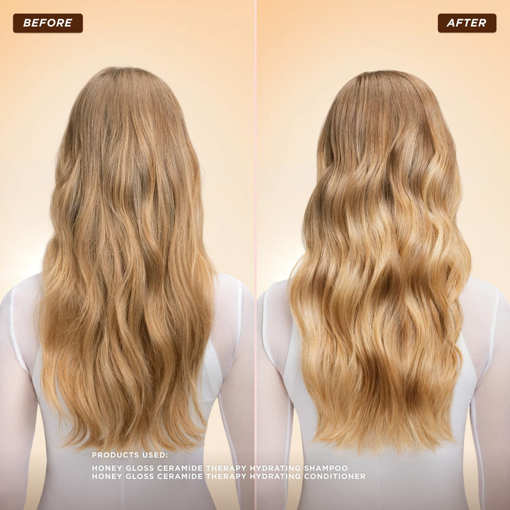 Gisou Honey Gloss conditioner texture close-up emphasizes creamy, smooth glide through hair