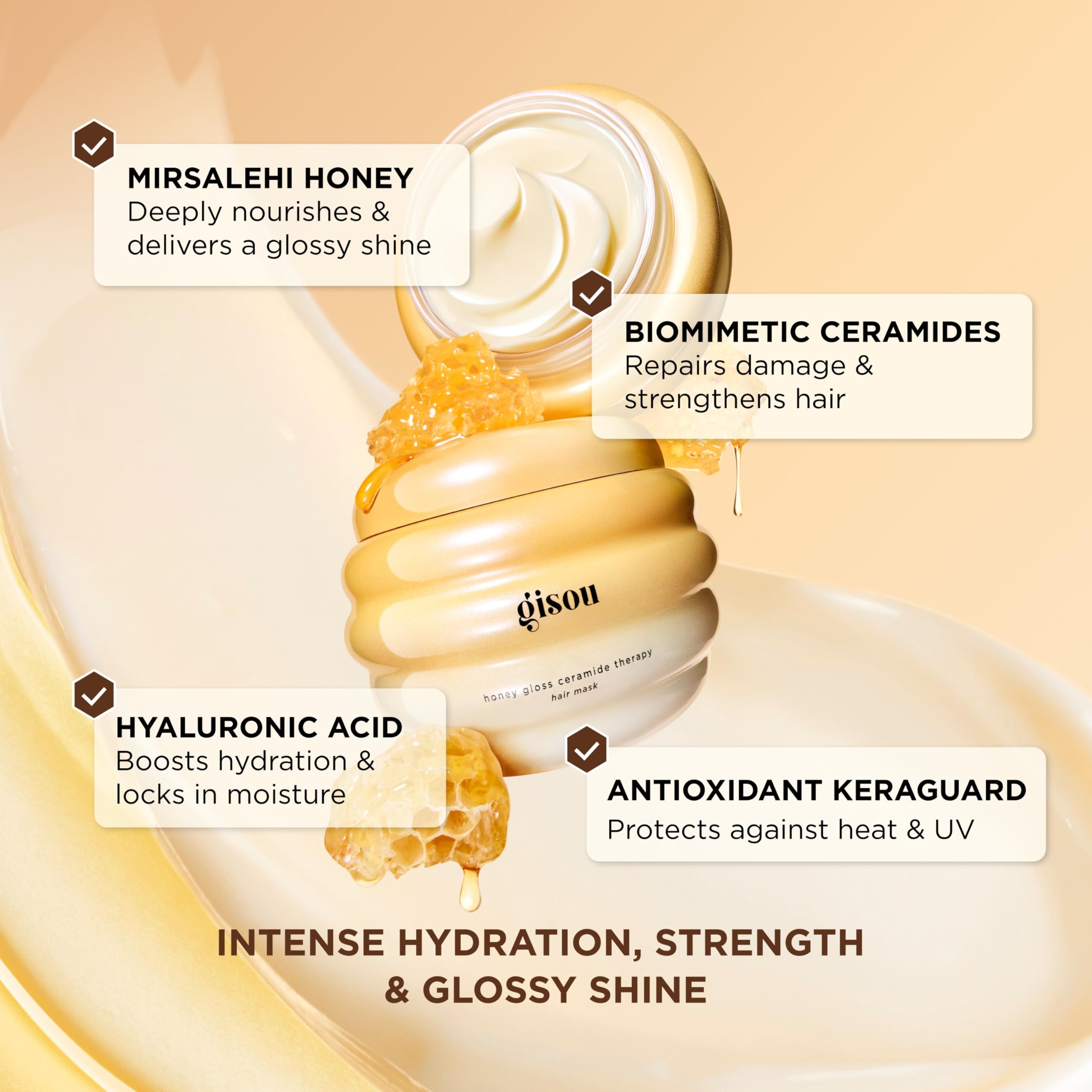 Gisou Honey Gloss Ceramide Therapy Hair Mask Mini before-after demonstrates frizz reduction and shine boost.