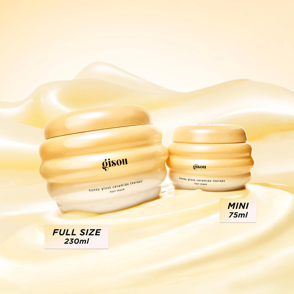Gisou Honey Gloss Ceramide Therapy Hair Mask Mini ceramides-hyaluronic-acid visual shows multi-level hydration.