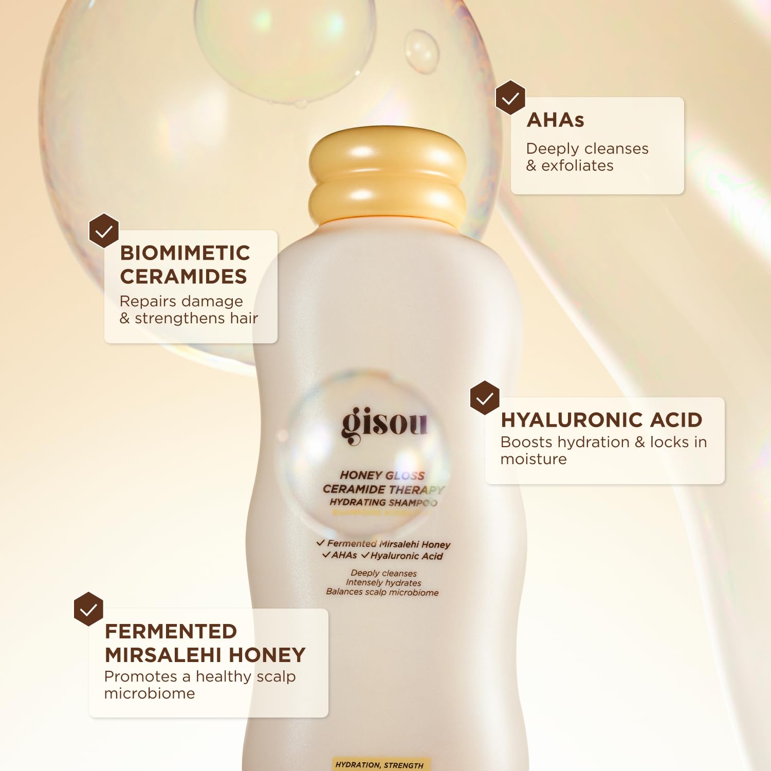 Gisou Honey Gloss shampoo close-up highlights natural shine and smoothness.