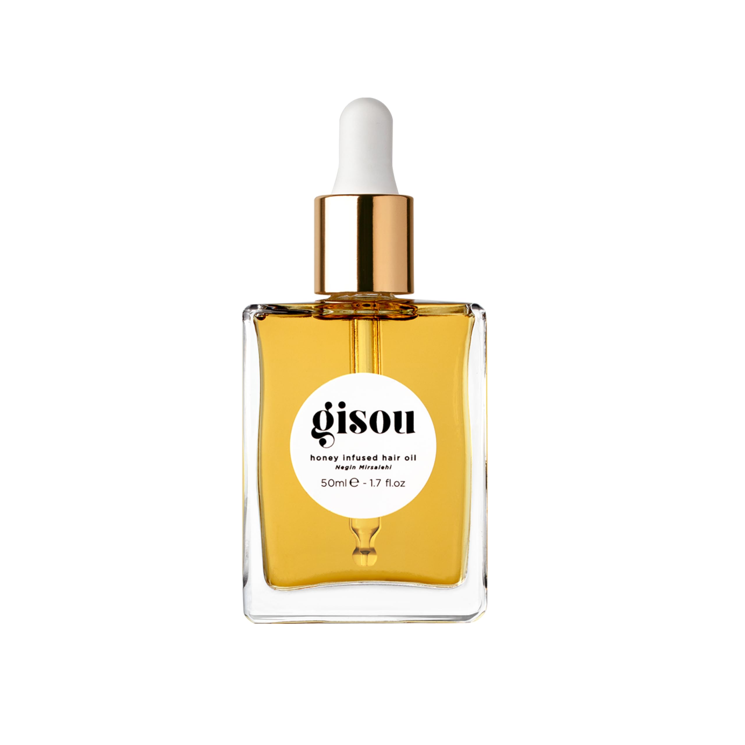 Gisou Honey Infused Hair Oil bottle pour demonstrates hydrating luxury for frizz control.