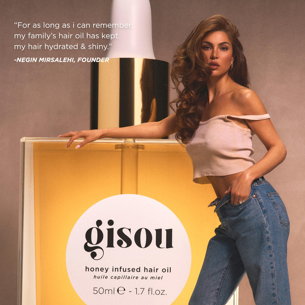 Gisou Honey Infused Hair Oil heat protection up to 450F for styled looks.