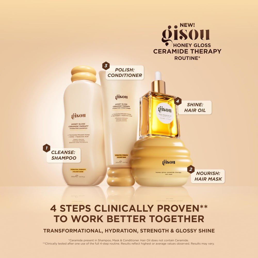 Gisou Honey Infused Hair Oil complements Gisou Honey Gloss Ceramide Therapy routine.