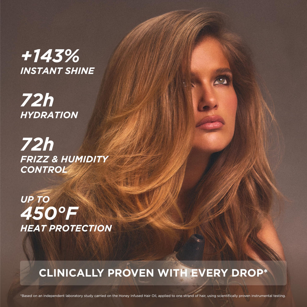 Gisou Honey Infused Hair Oil highlights Mirsalehi Honey as a nourishing ingredient.