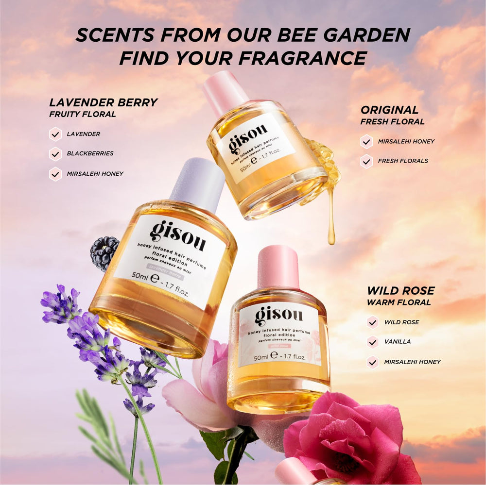 Gisou Honey Infused Hair Perfume Mini bottle photographed on vanity highlighting travel-friendly design.
