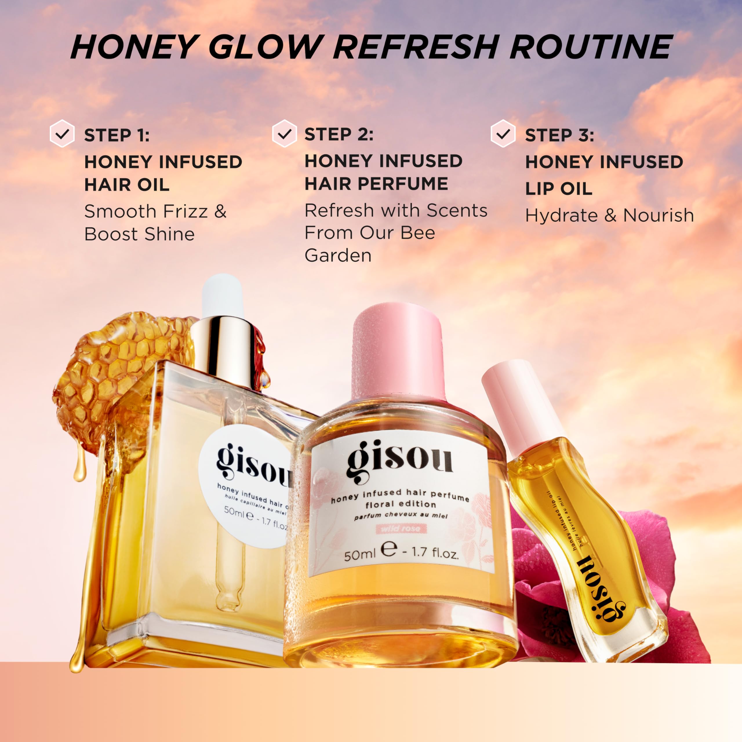 Gisou Honey Infused Hair Perfume with Mirsalahi Honey offers a nourishing scent.