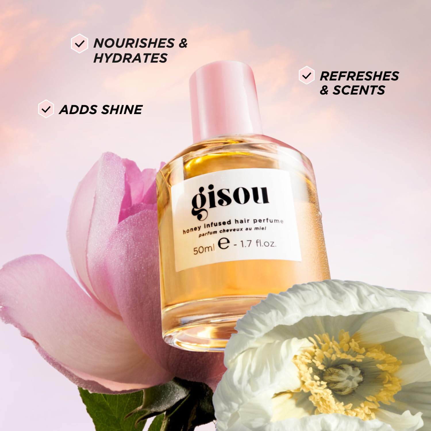 Gisou Honey Infused Hair Perfume packaging showcases premium design and luxury branding.