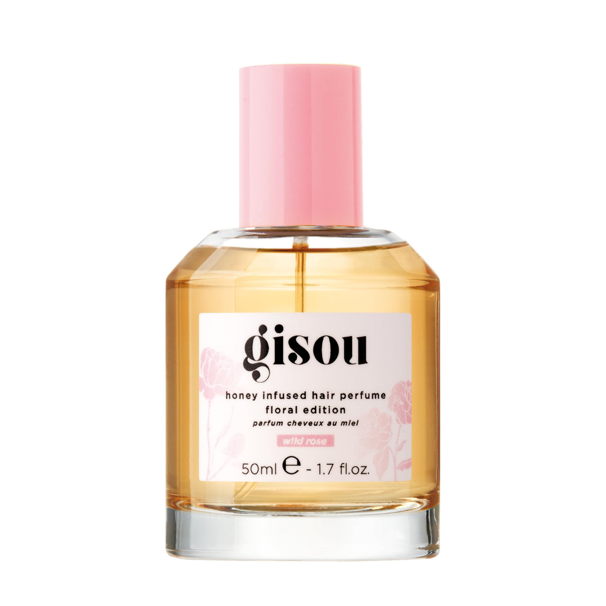 Gisou Honey Infused Hair Perfume Wild Rose bottle adds a light, hydrating shine.