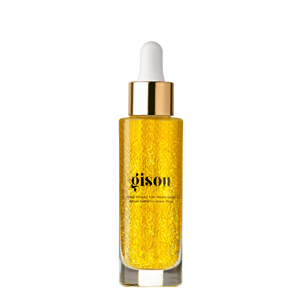 Gisou Honey Infused Hair Repair Serum bottle close-up showing glossy, frizz-free ends