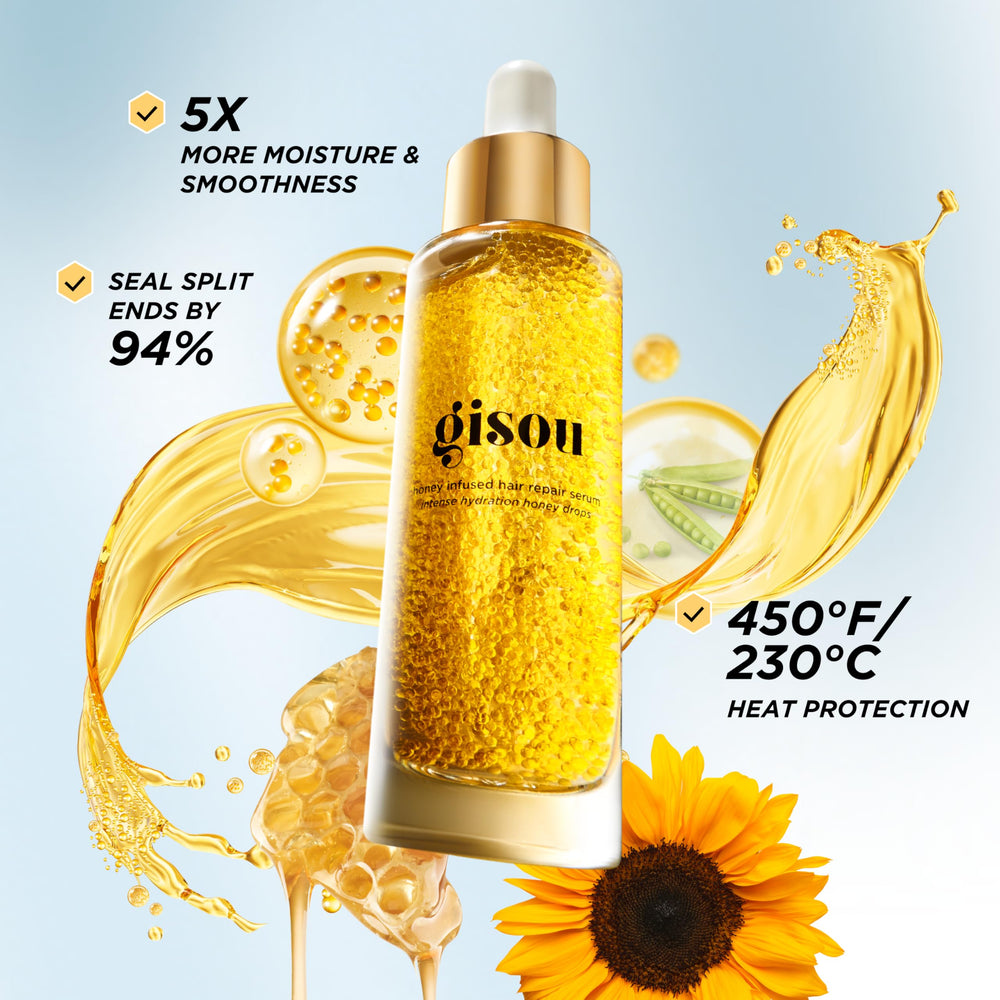 Gisou Honey Infused Serum dispenser pump in action for quick moisture boost