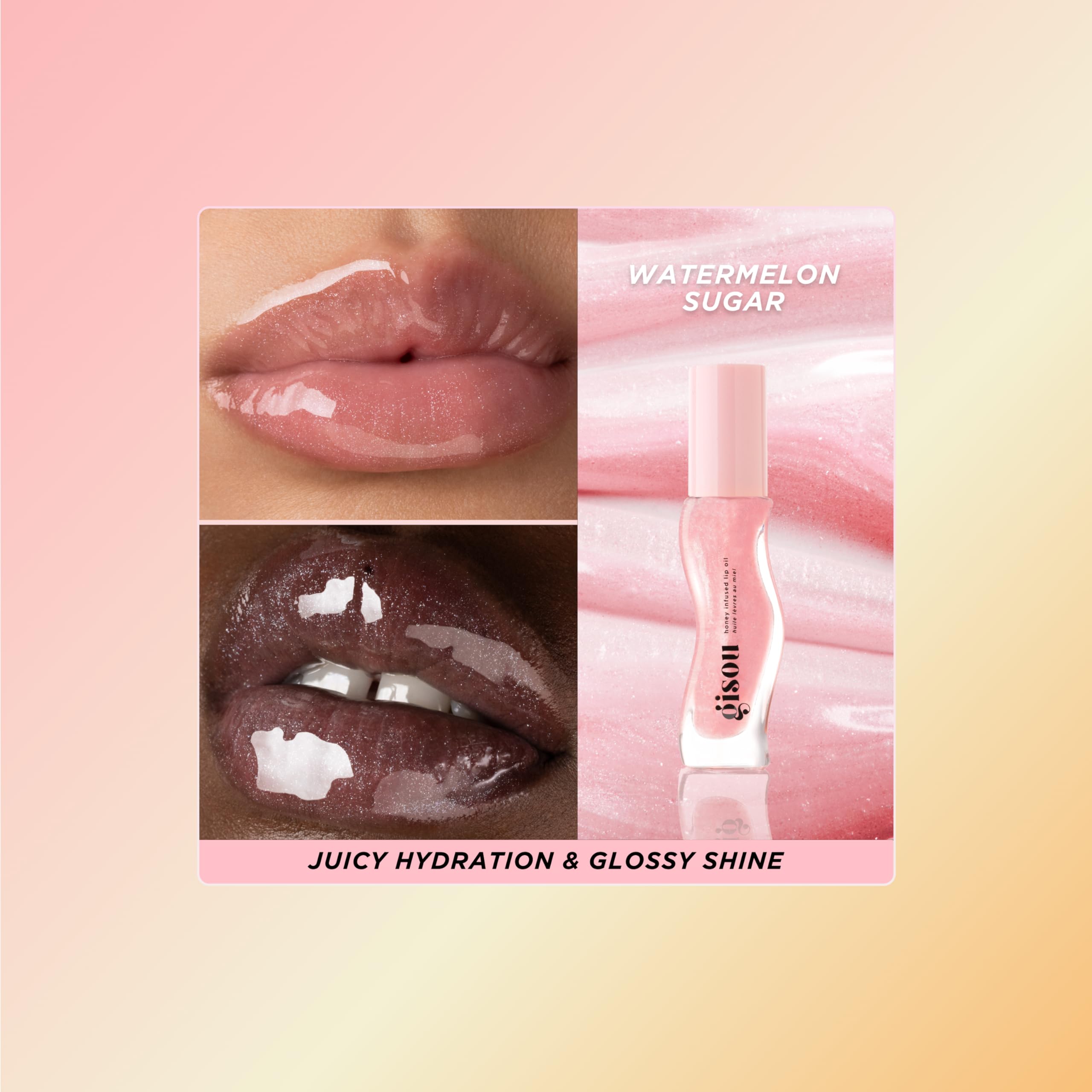 Gisou Honey Infused Lip Oil glossy finish on lips for high-shine hydration without tackiness.