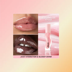Gisou Honey Infused Lip Oil glossy finish on lips for high-shine hydration without tackiness.