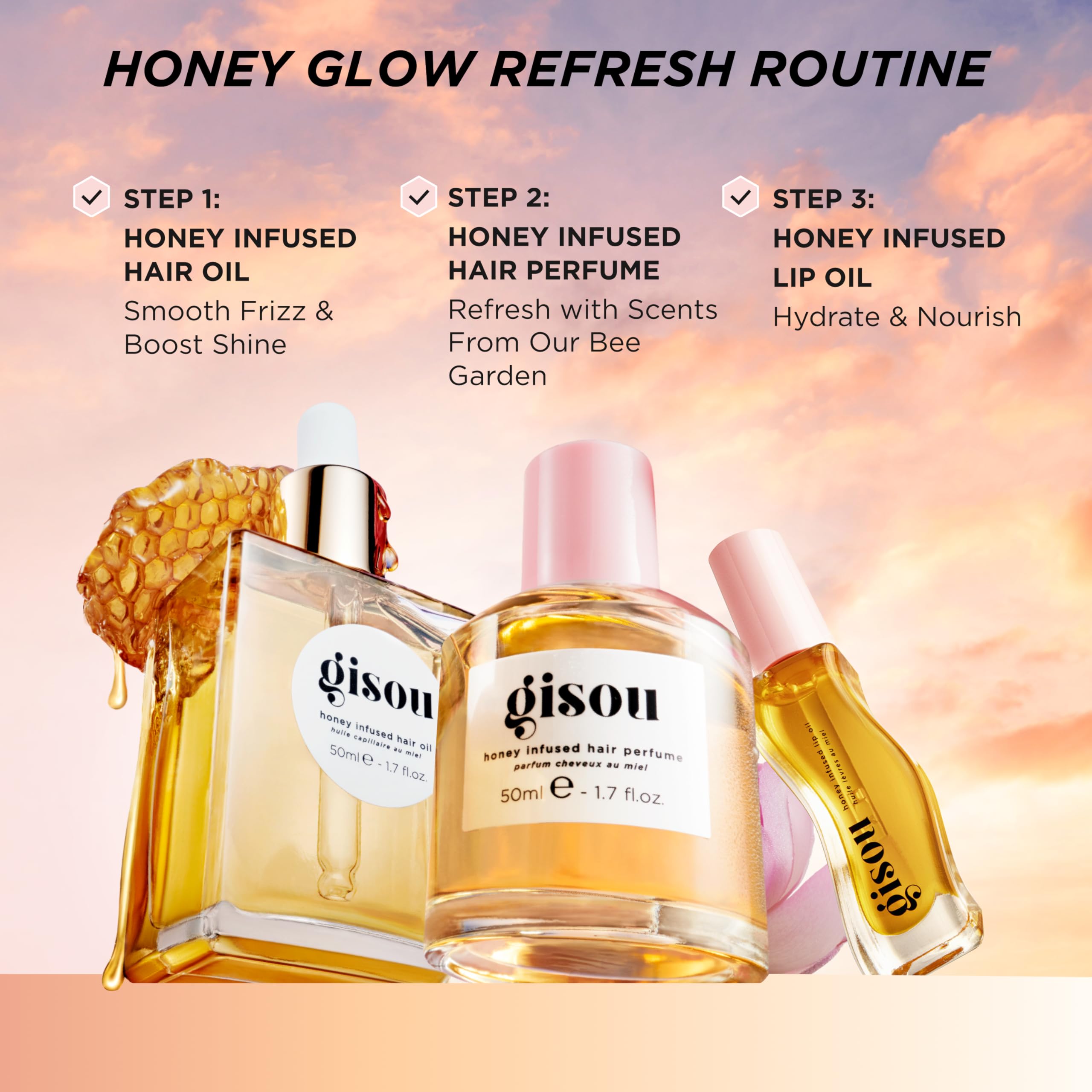 Gisou Honey Infused Lip Oil honey blend closeup on applicator for nourishing moisture.