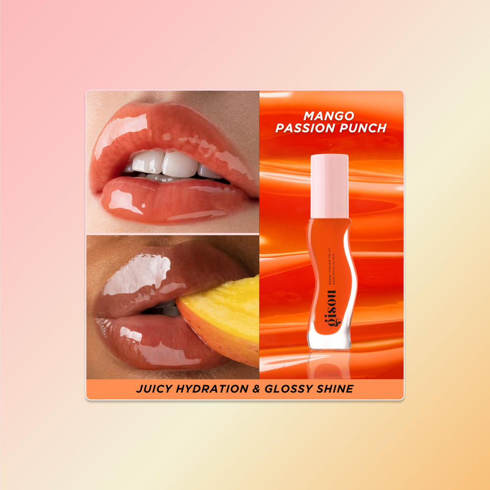 Gisou Honey Infused Lip Oil Mango Passion Punch applies smoothly with vivid gloss.