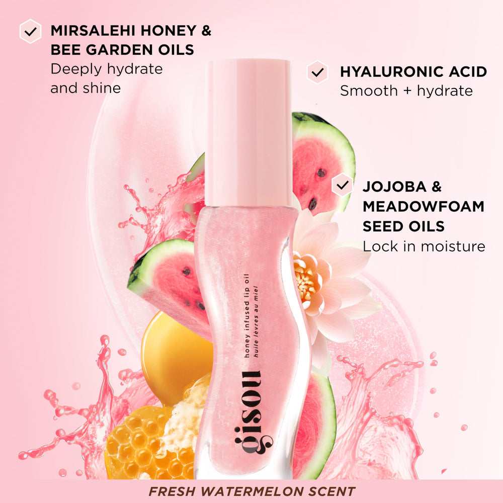 Gisou Honey Infused Lip Oil Watermelon Sugar shade closeup highlights texture and scent.