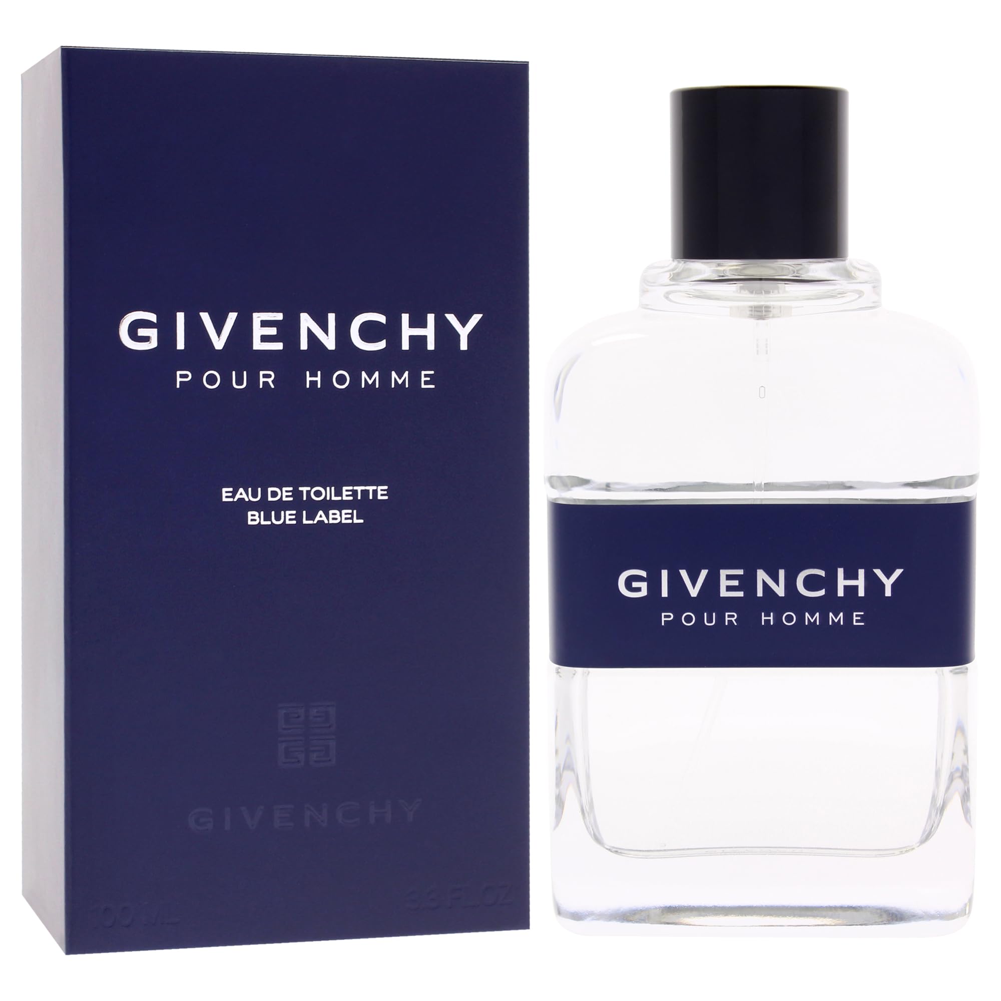 Givenchy Blue Label bottle side view conveys masculine style and lasting impression.