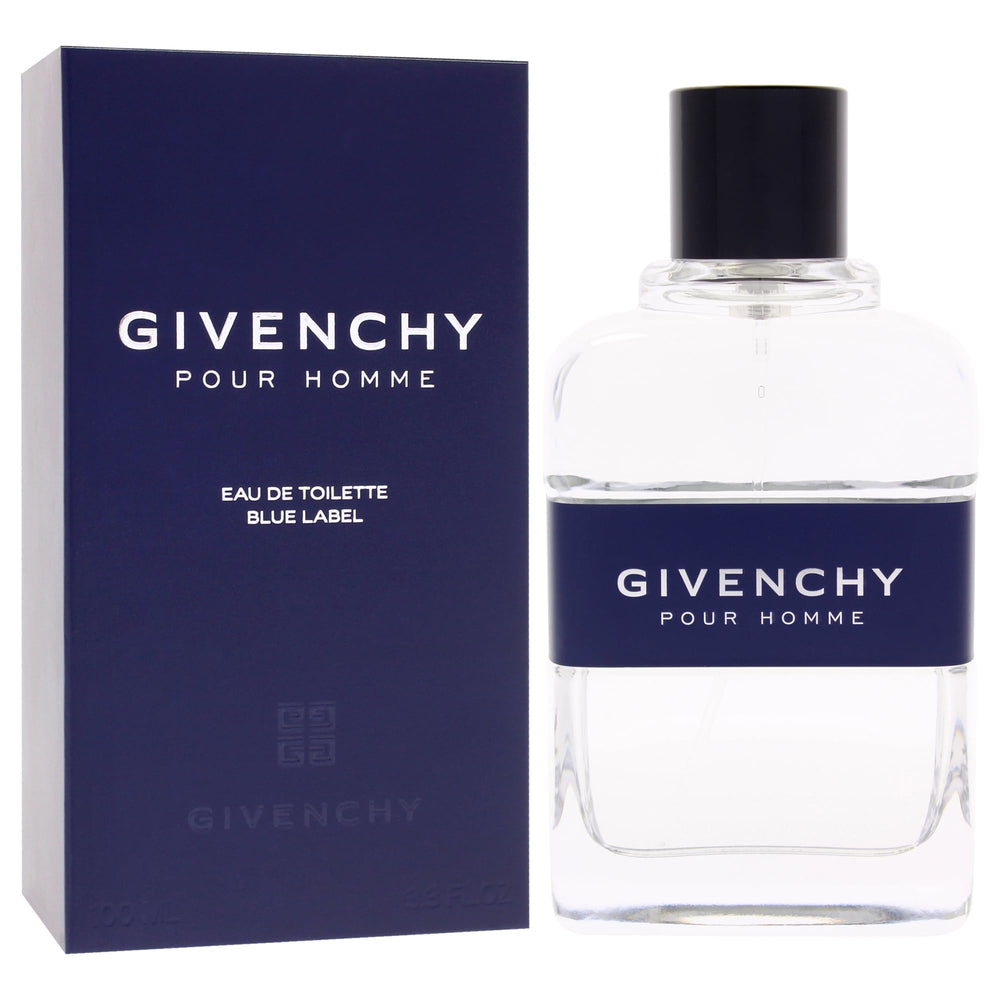 Givenchy Blue Label bottle side view conveys masculine style and lasting impression.