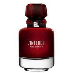 Givenchy L’Interdit Rouge bottle front view signals luxury and confident style.
