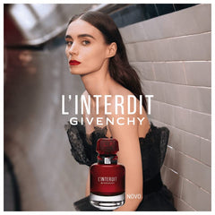 Givenchy L’Interdit Rouge flacon closeup captures vibrant red hue and premium look.
