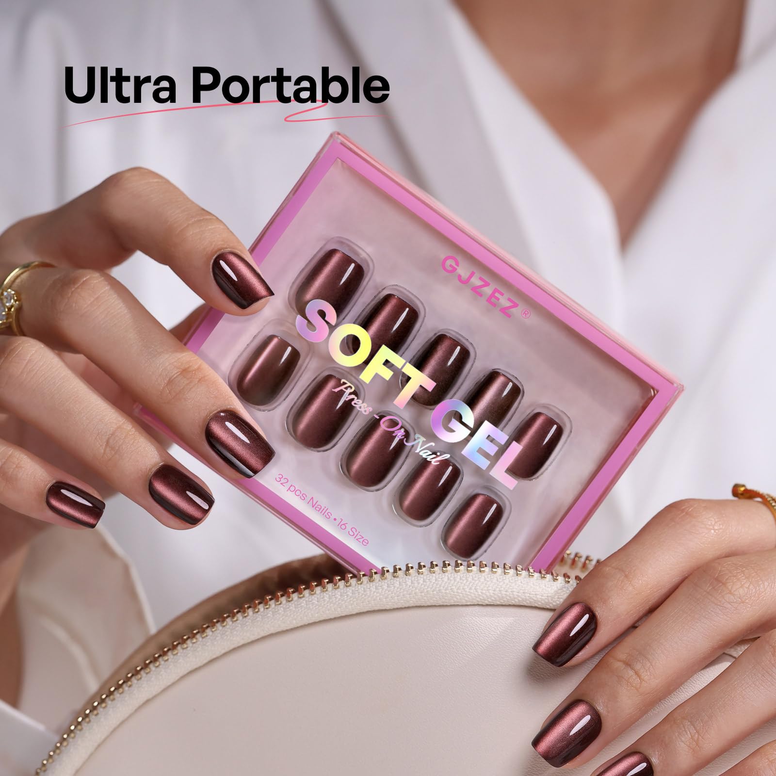 GJZEZ PMMA nails short square brown swatch highlights durable, fade-resistant finish.