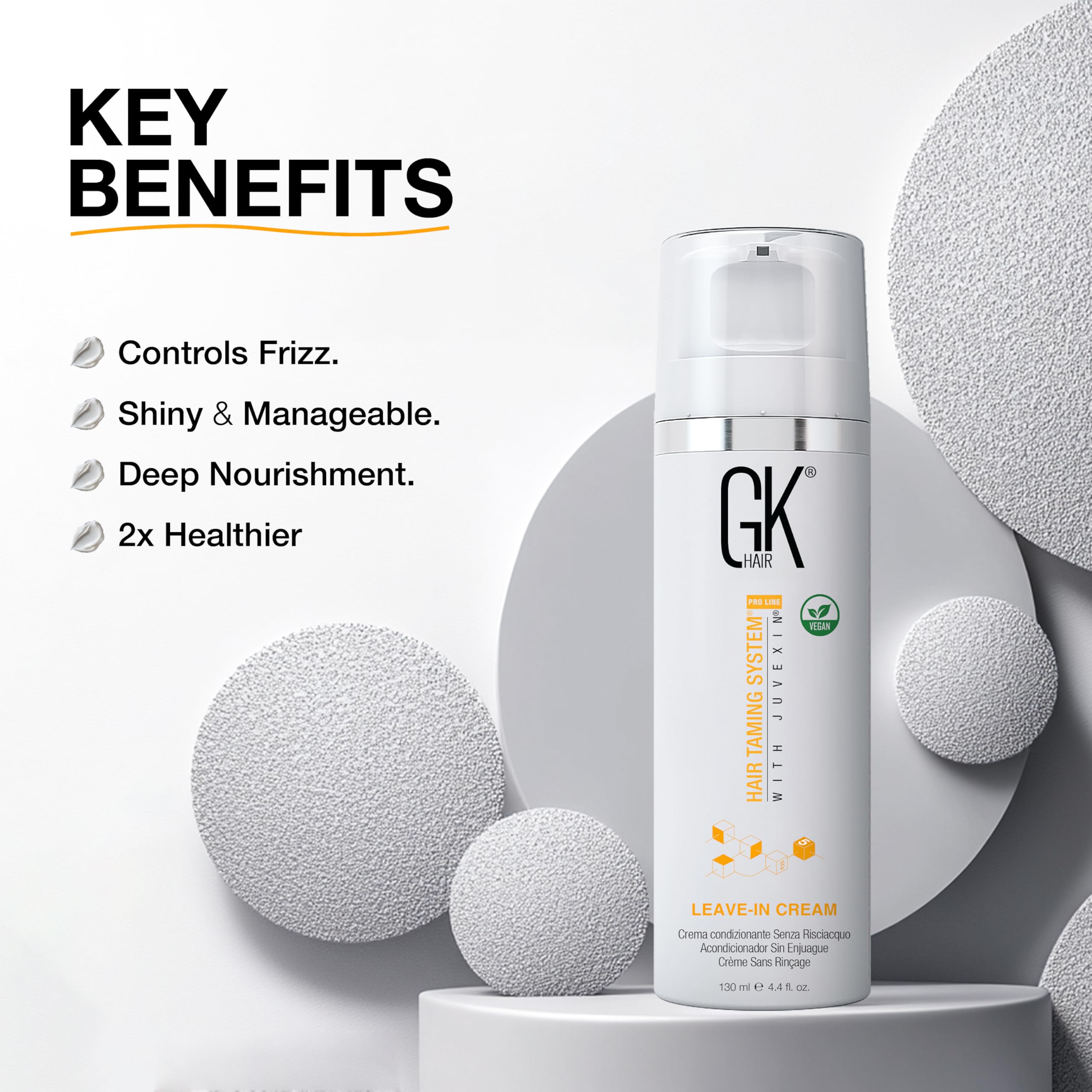 GK HAIR keratin-infused bottle demonstrates moisture restoration for color-treated hair.