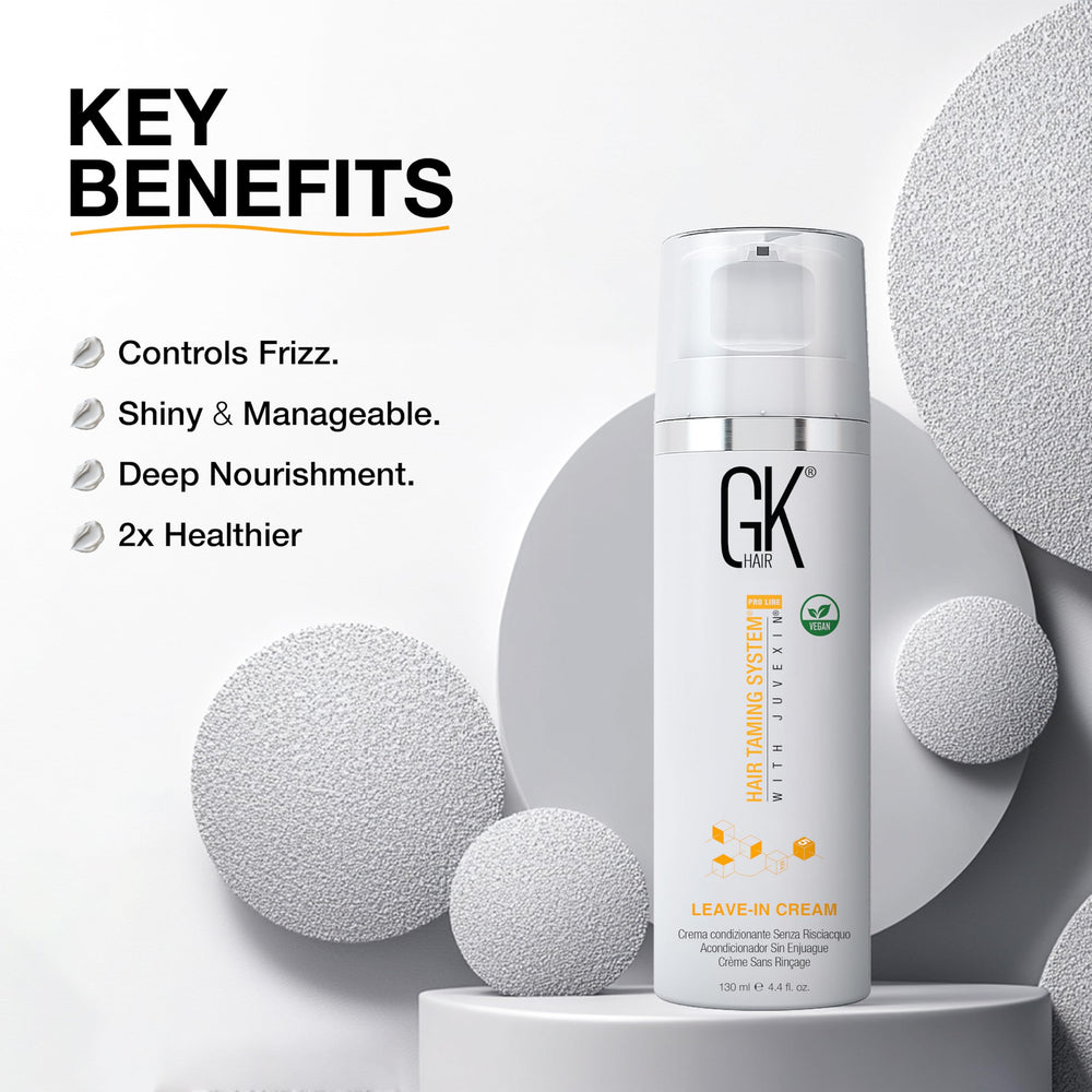 GK HAIR keratin-infused bottle demonstrates moisture restoration for color-treated hair.