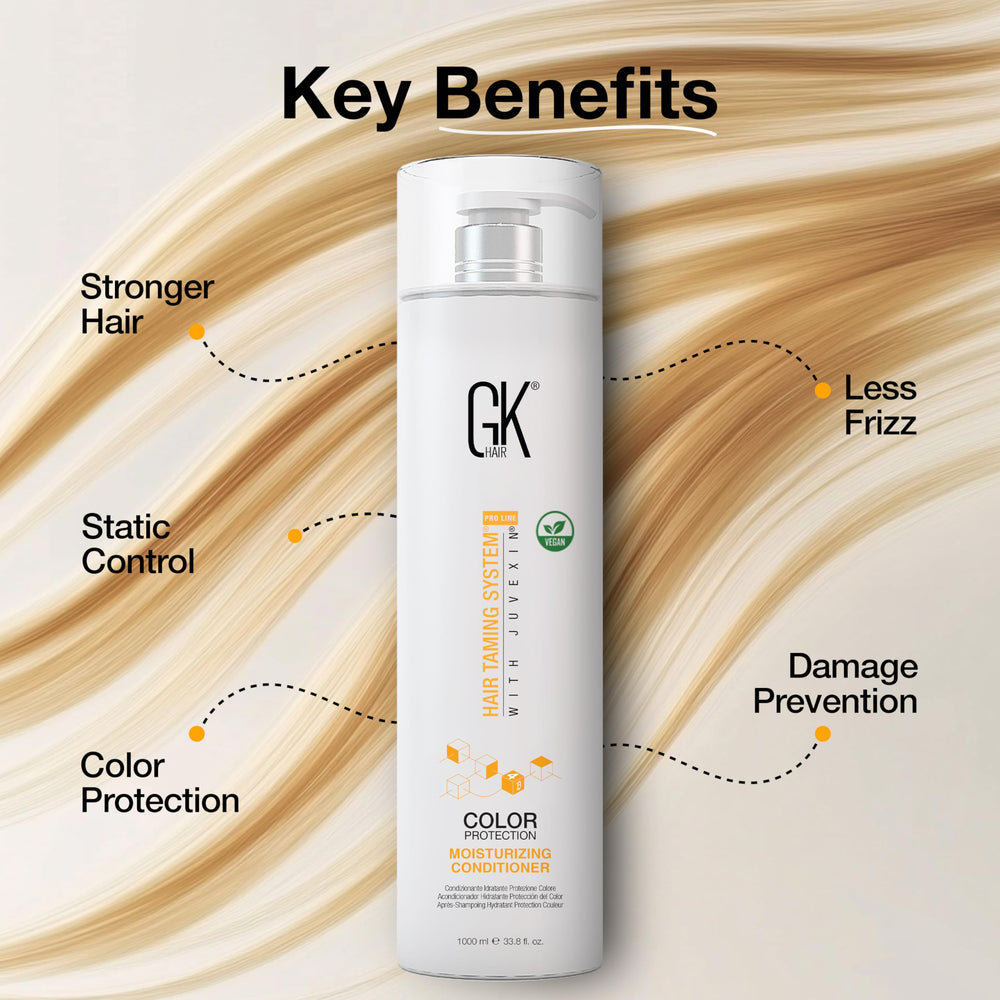 GK HAIR bottle shown beside color-treated strands for extended vibrancy.