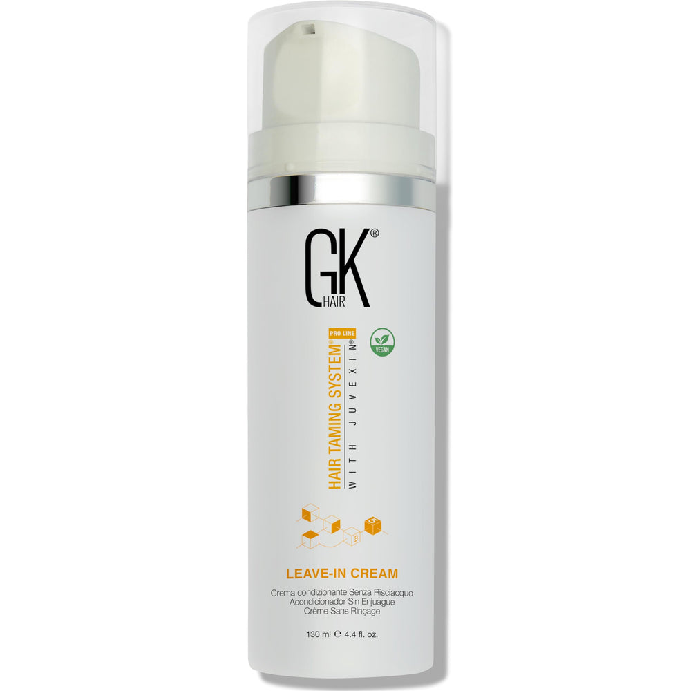 GK HAIR vegan leave-in conditioner bottle highlights hydrating formula for dry damaged hair.