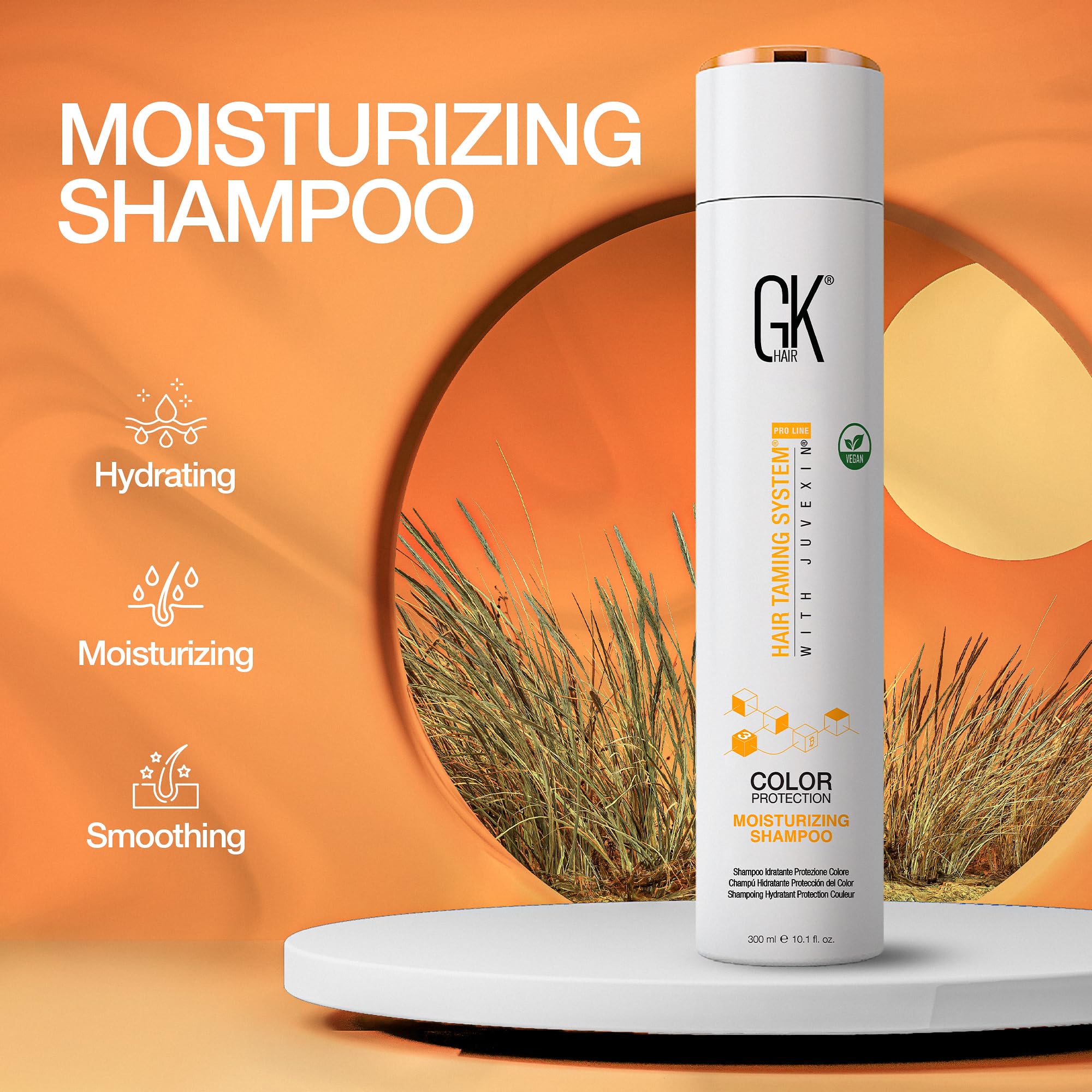 Keratin graphic on GK Hair shampoo emphasizes stronger, healthier strands