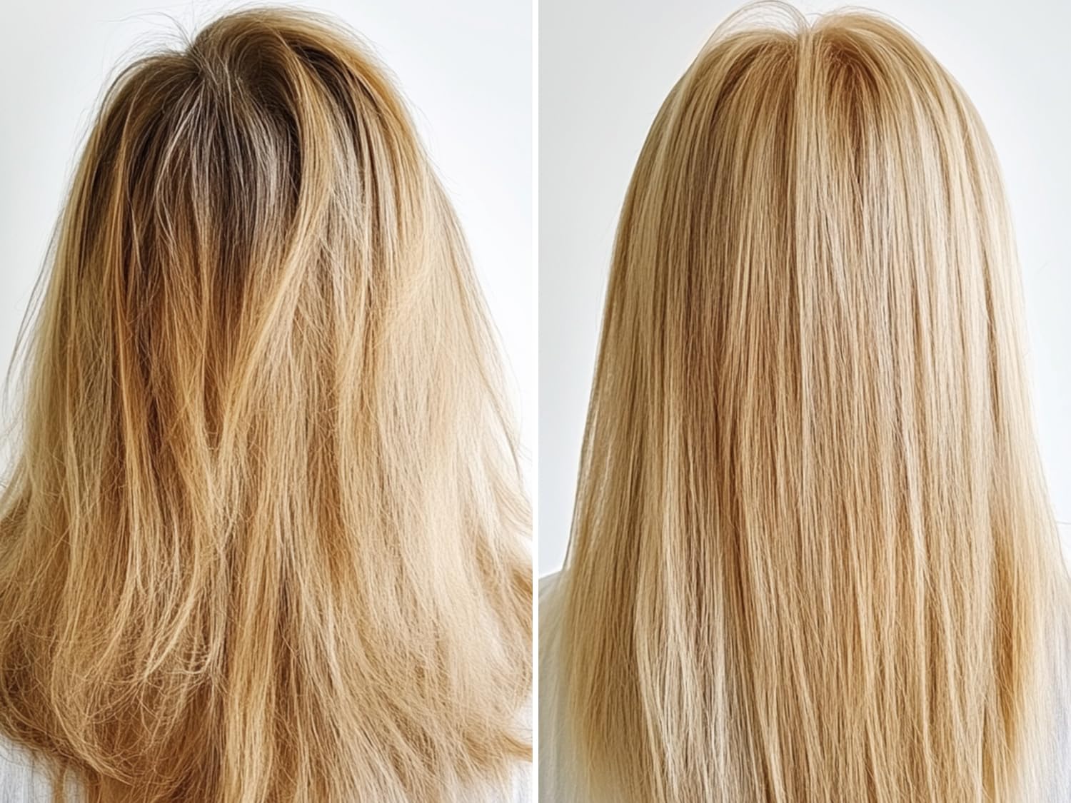 GK Hair Blonde hair before and after smoothing effect.