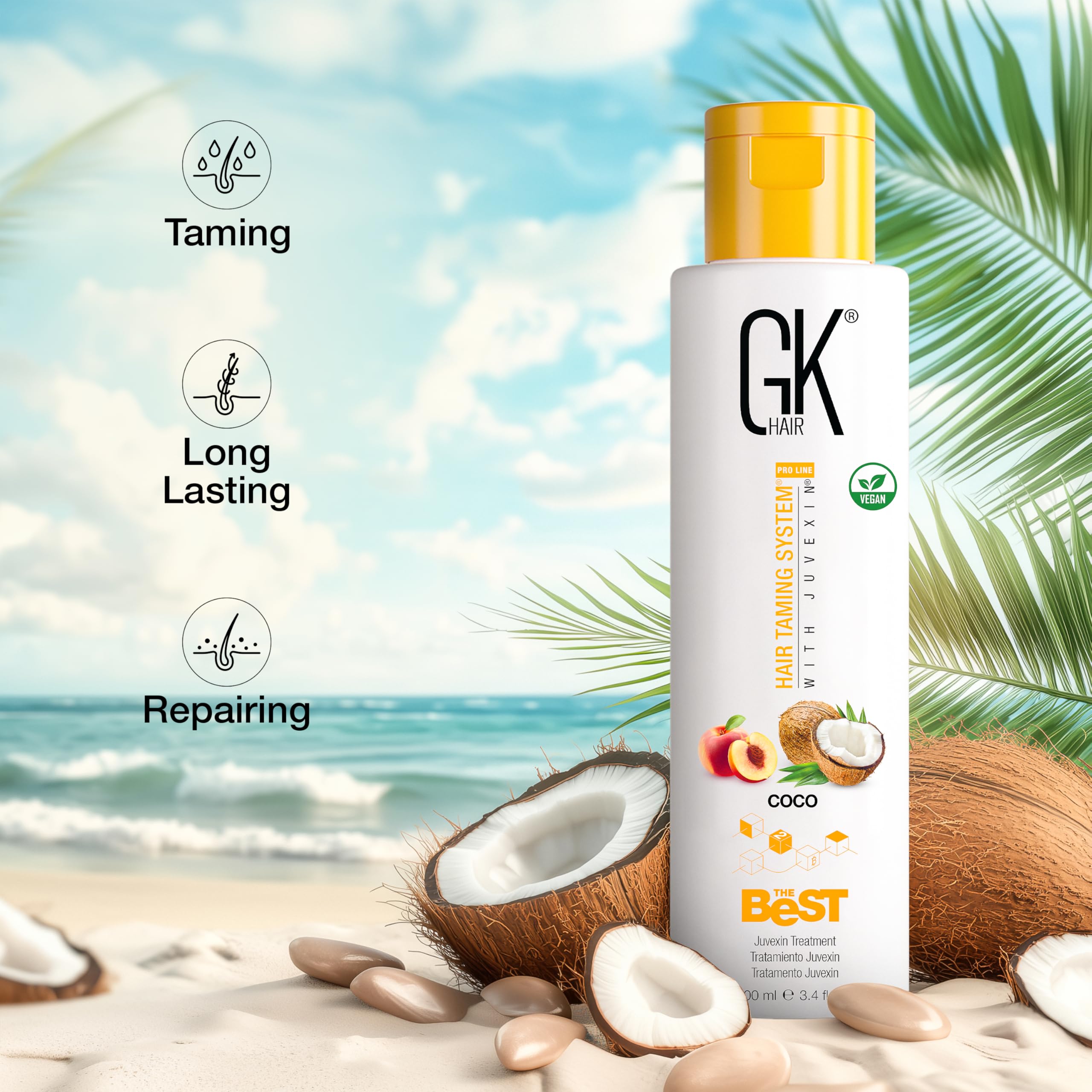 GK Hair COCO safe-formula label emphasizes gentle care across all hair types.
